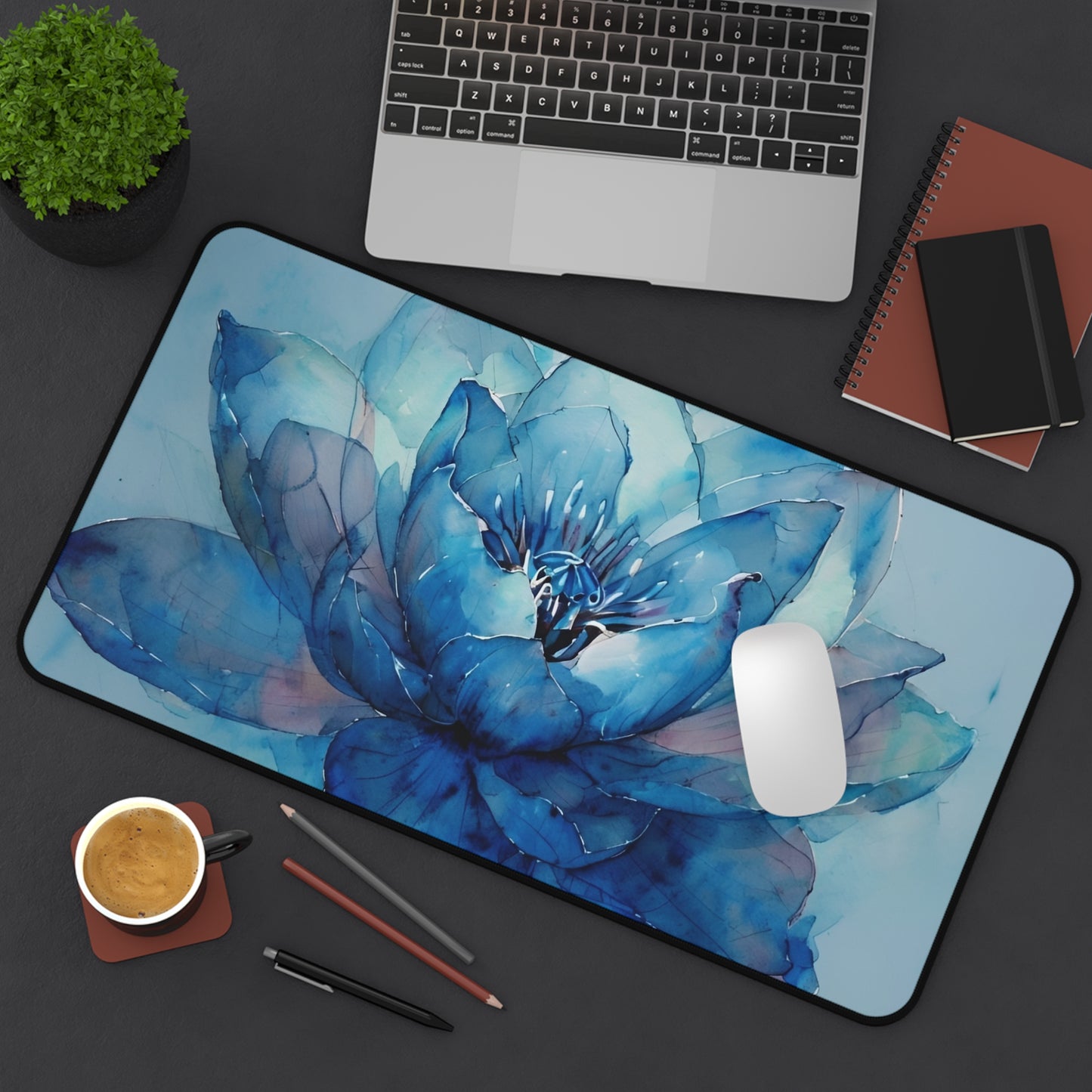 Elegant Blue Lotus Desk Mat - Artistic Desk Accessory for Home Office