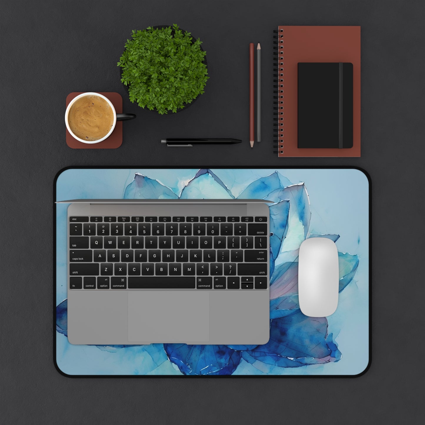 Elegant Blue Lotus Desk Mat - Artistic Desk Accessory for Home Office