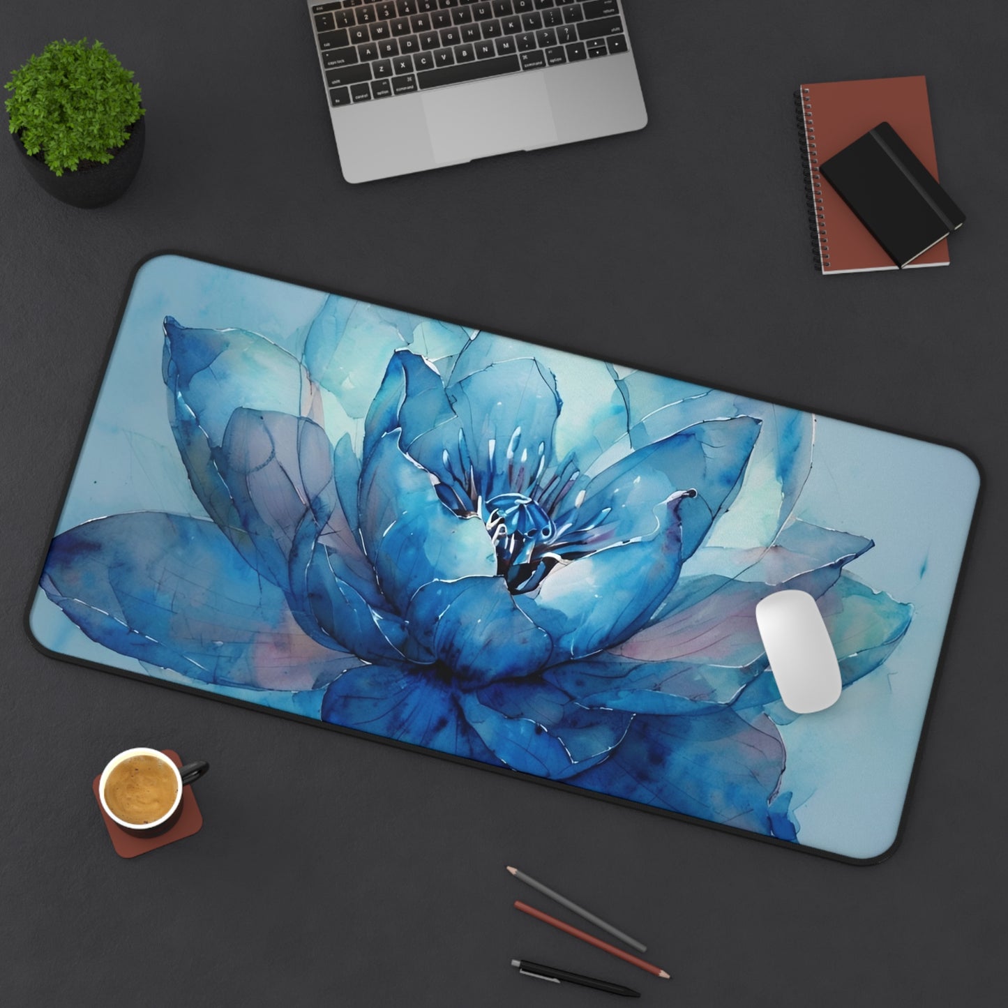 Elegant Blue Lotus Desk Mat - Artistic Desk Accessory for Home Office