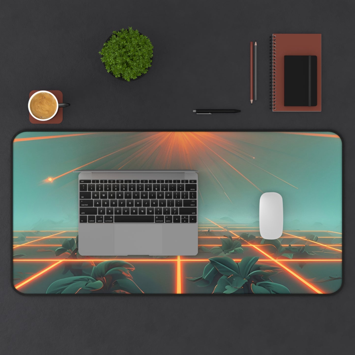 Futuristic Desk Mat with Neon Grid Design – Artistic Desk Accessory for Home Office