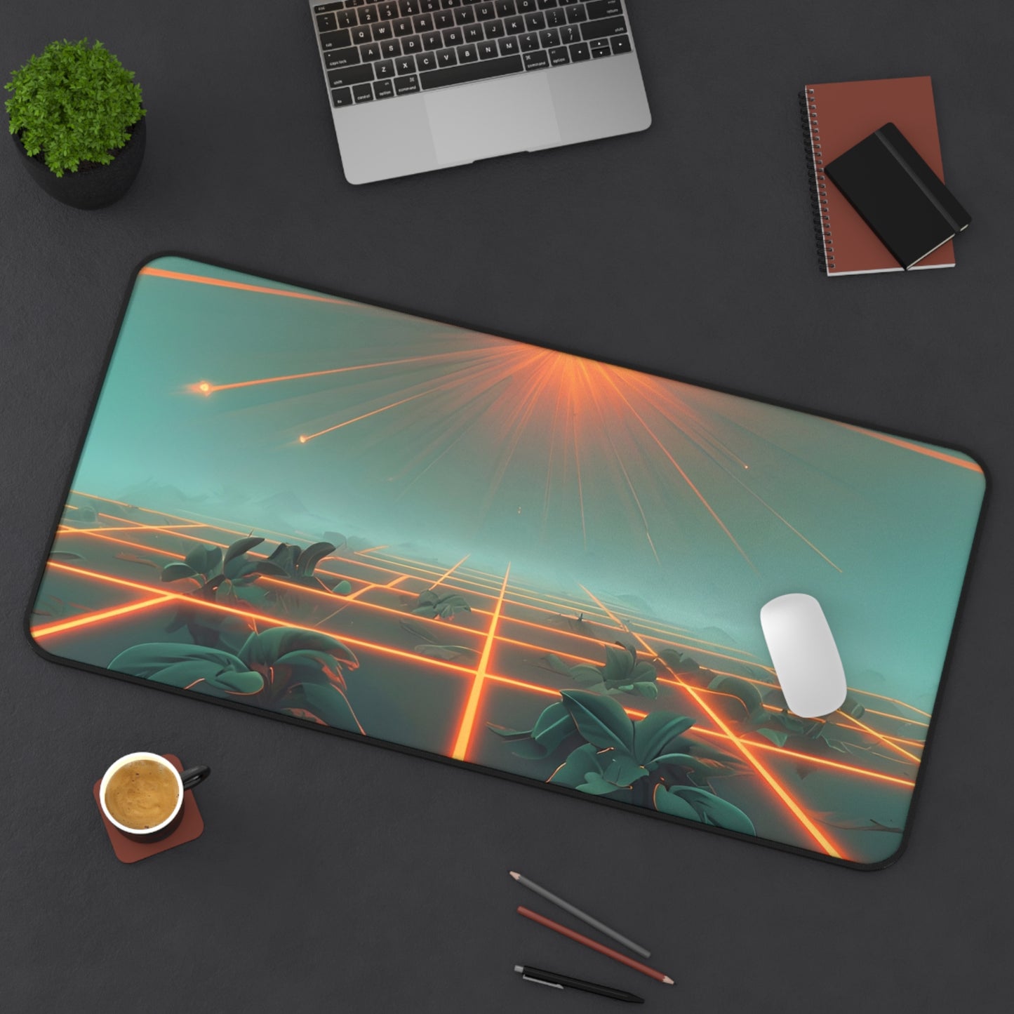 Futuristic Desk Mat with Neon Grid Design – Artistic Desk Accessory for Home Office