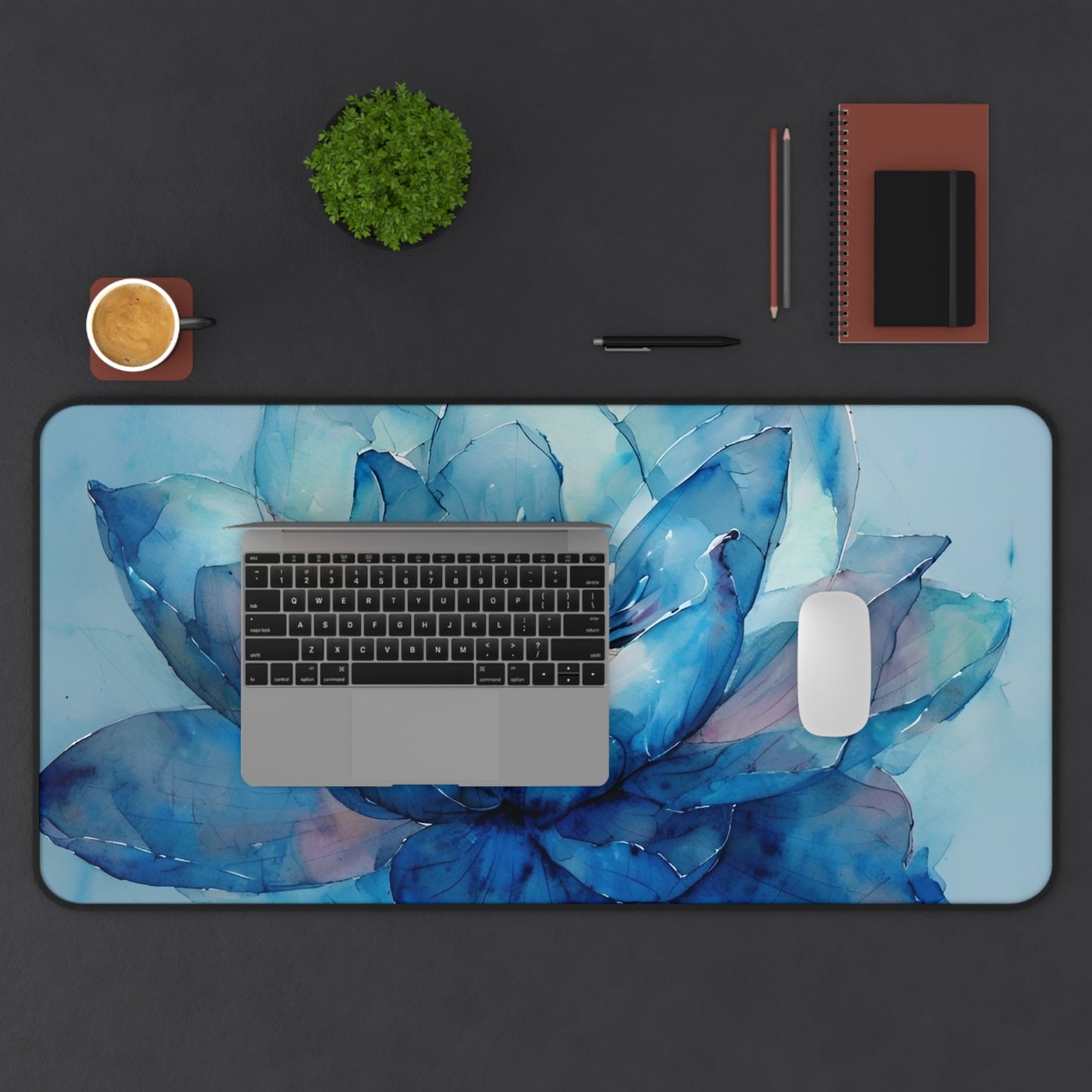 Elegant Blue Lotus Desk Mat - Artistic Desk Accessory for Home Office