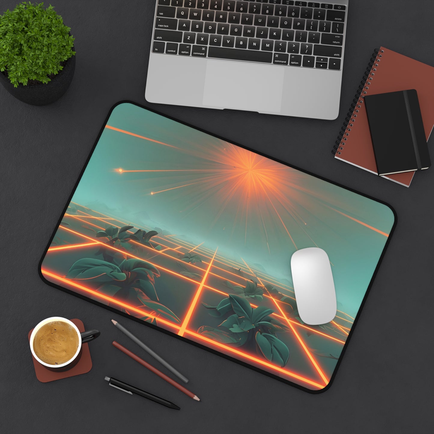 Futuristic Desk Mat with Neon Grid Design – Artistic Desk Accessory for Home Office