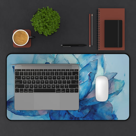 Elegant Blue Lotus Desk Mat - Artistic Desk Accessory for Home Office