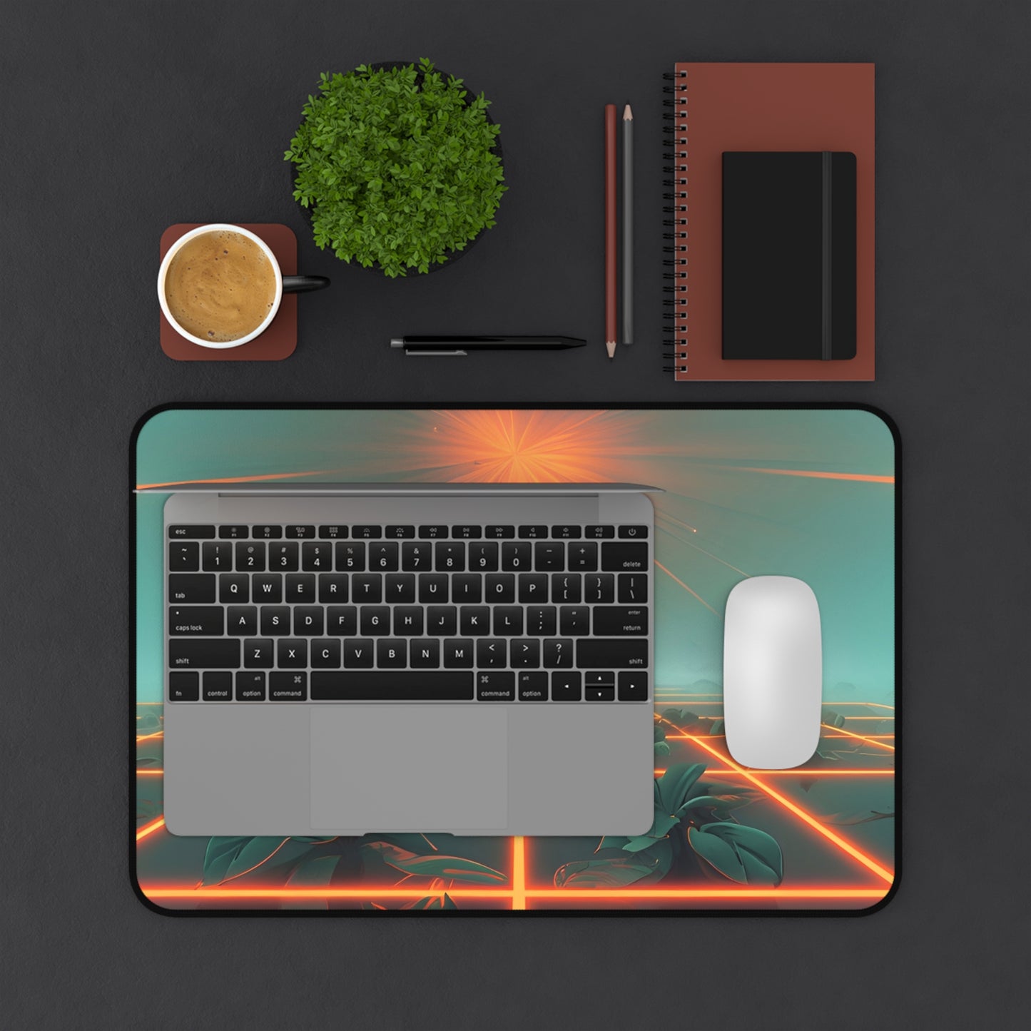 Futuristic Desk Mat with Neon Grid Design – Artistic Desk Accessory for Home Office