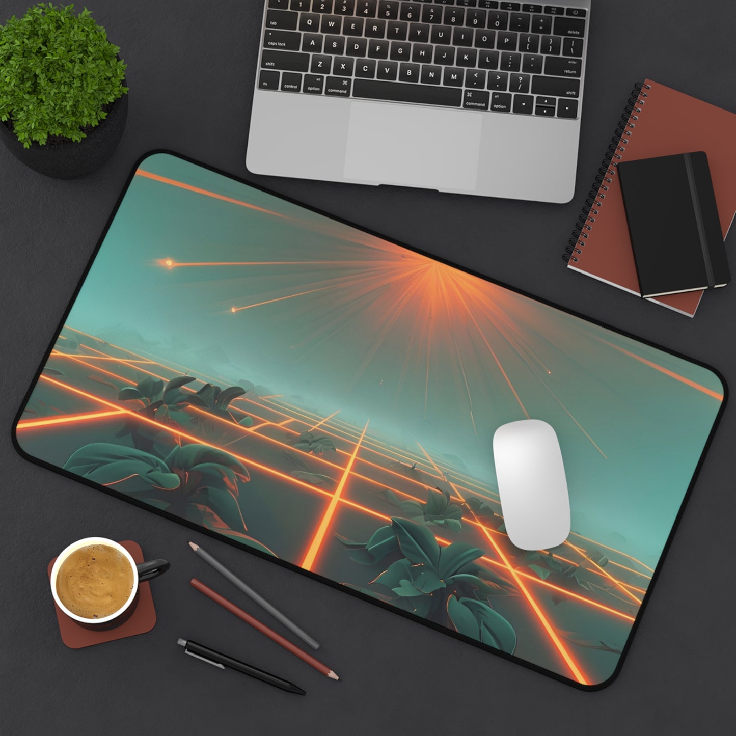 Futuristic Desk Mat with Neon Grid Design – Artistic Desk Accessory for Home Office