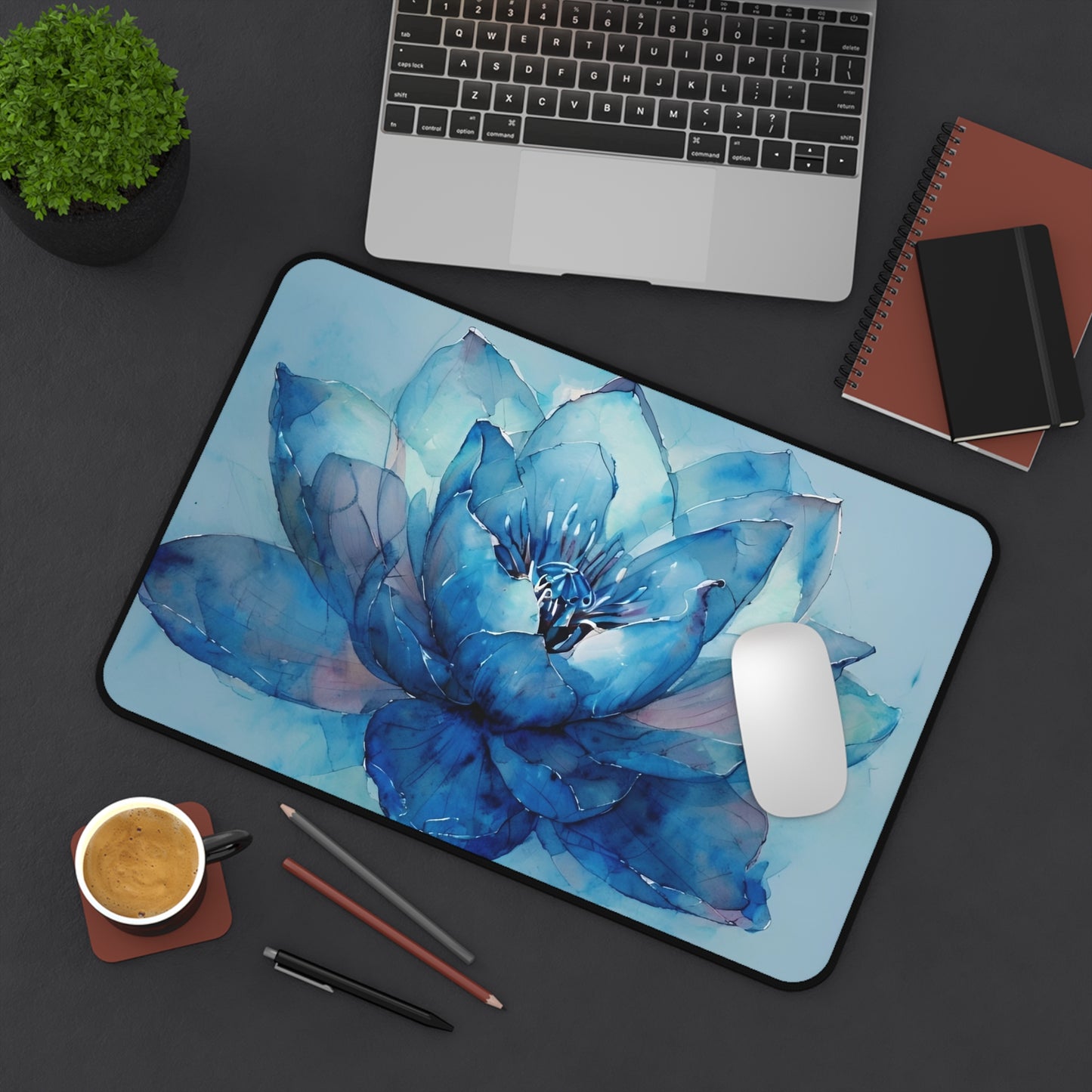 Elegant Blue Lotus Desk Mat - Artistic Desk Accessory for Home Office